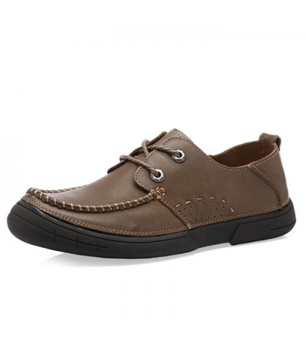 Men's Round Toe Lace-Up Handmade Casual Leather Shoes