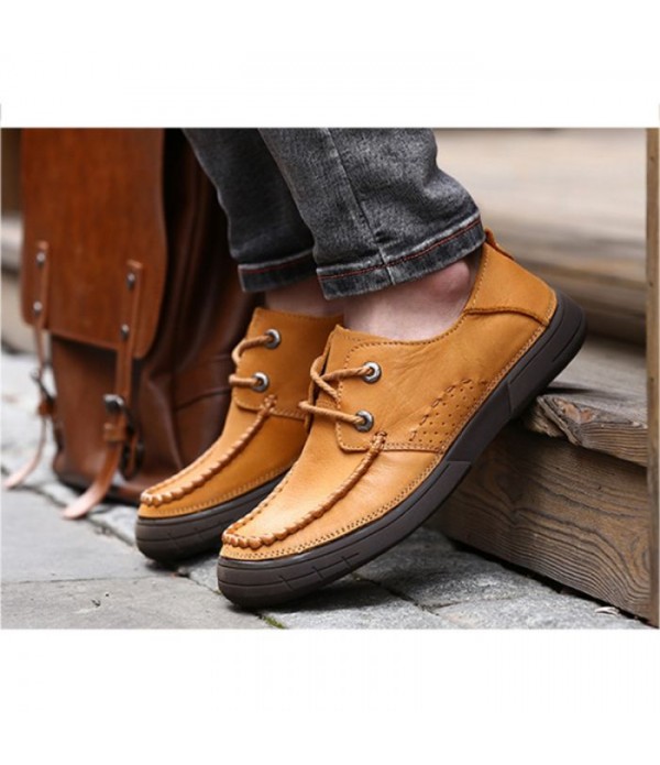 Men's Round Toe Lace-Up Handmade Casual Leather Shoes