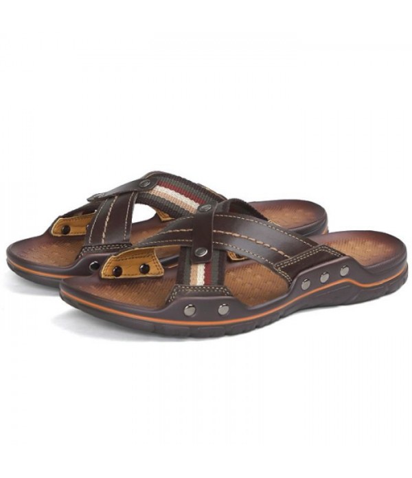 Men's Comfort Leather Cross Strap Slide Sanda...