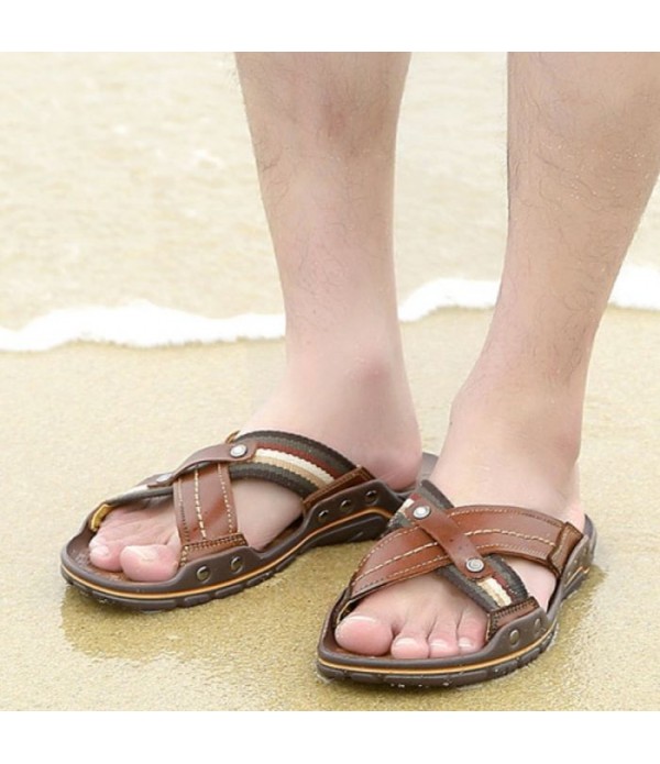 Men's Comfort Leather Cross Strap Slide Sandals