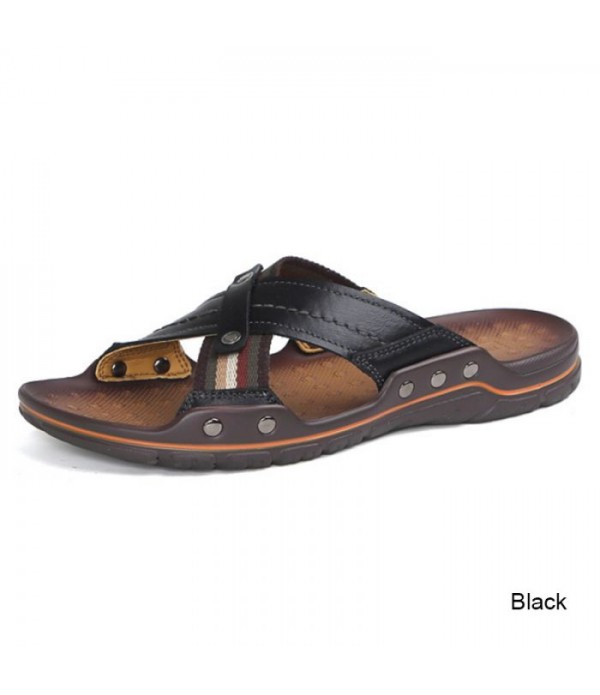 Men's Comfort Leather Cross Strap Slide Sandals