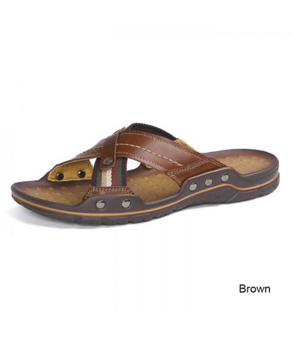 Men's Comfort Leather Cross Strap Slide Sandals