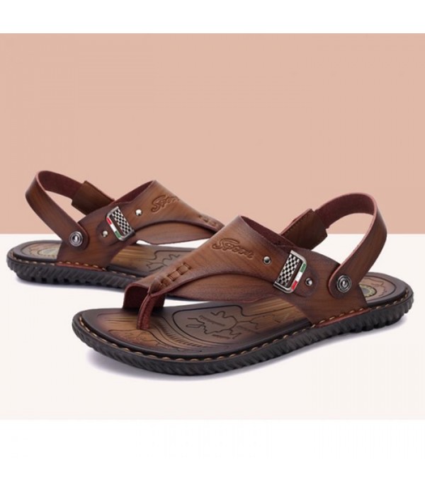 Men's Leather Flip Flops Thong Sandals With Back Strap