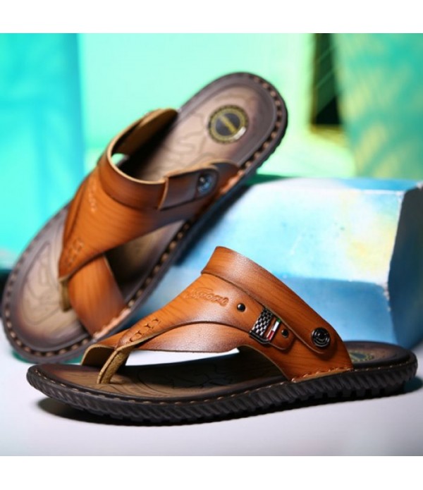 Men's Leather Flip Flops Thong Sandals With Back Strap