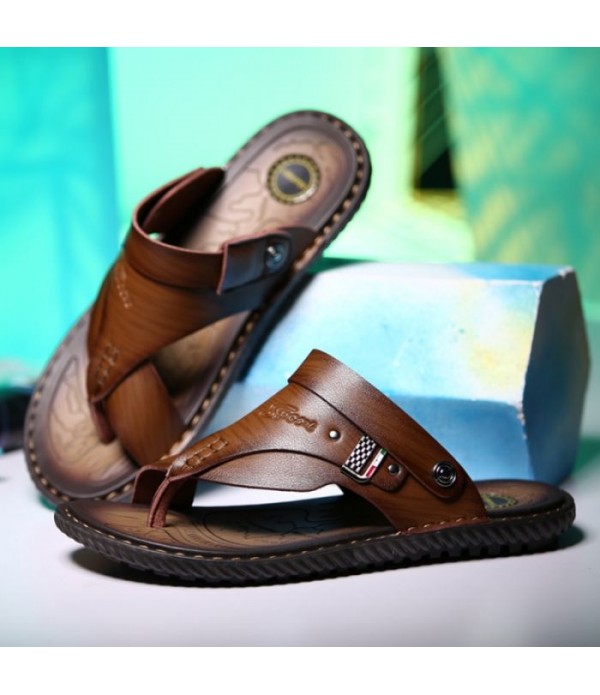 Men's Leather Flip Flops Thong Sandals With Back Strap