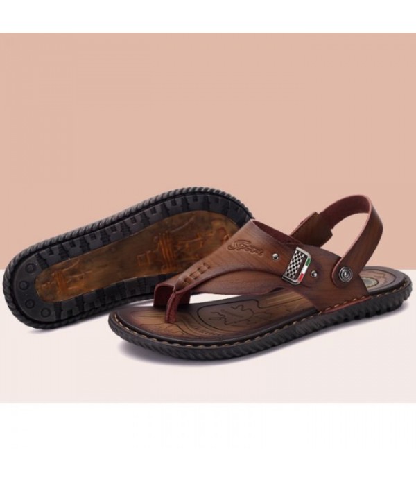 Men's Leather Flip Flops Thong Sandals With Back Strap