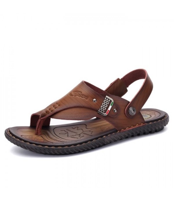 Men's Leather Flip Flops Thong Sandals With Back Strap