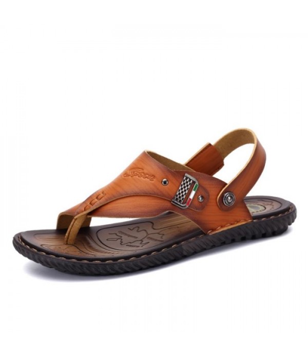 Men's Leather Flip Flops Thong Sandals With Back Strap