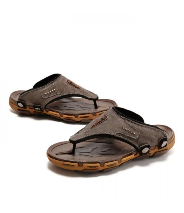 Men's Comfortable Leather Flip Flops Beach Sandals For Fishing Boating