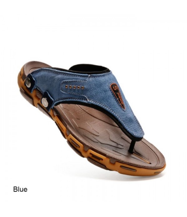 Men's Comfortable Leather Flip Flops Beach Sandals For Fishing Boating