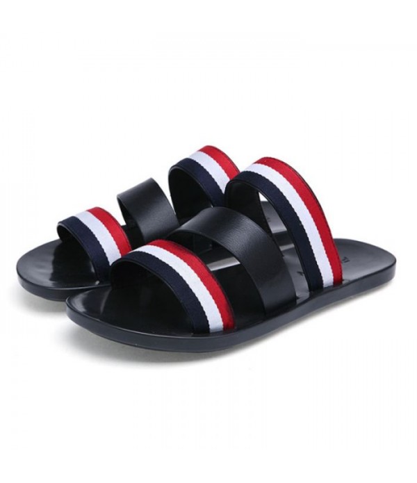 Men's Triple Strap Comfort Leather Slide Sand...