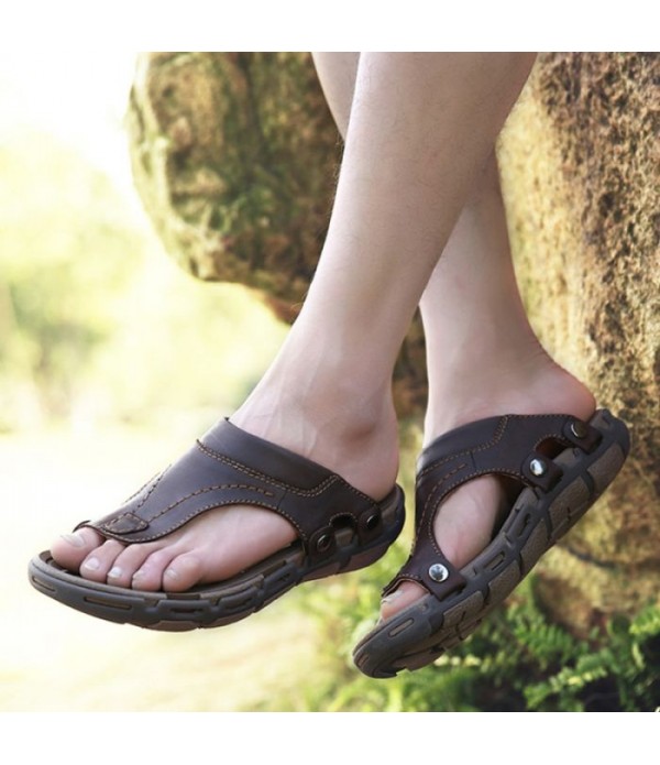 Men's Leather Beach Flip Flops Thong Sandals