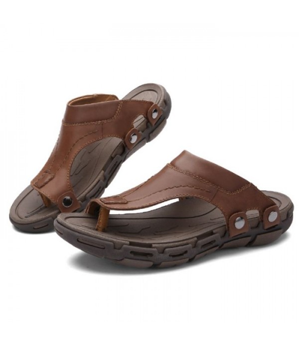 Men's Leather Beach Flip Flops Thong Sandals