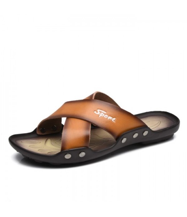 Men's Cross Strap Leather Slides Beach Sandal...