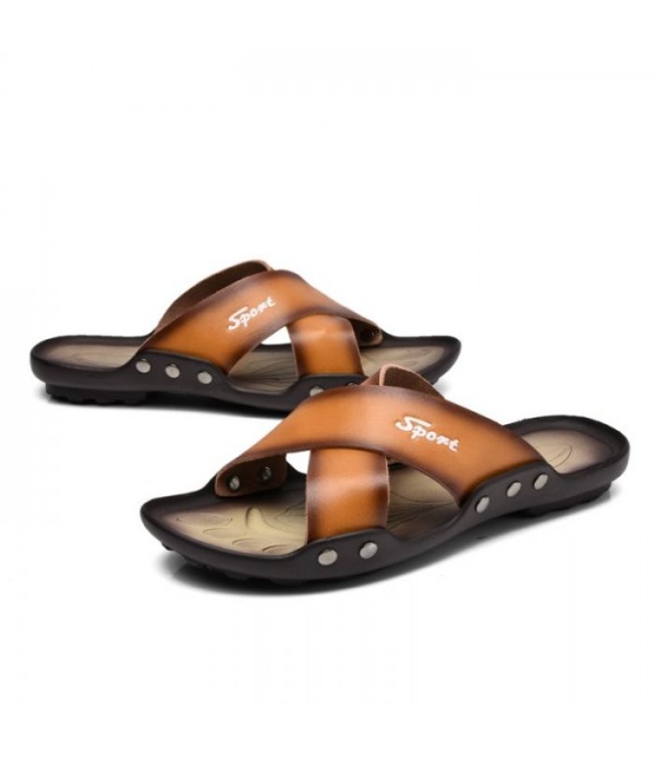 Men's Cross Strap Leather Slides Beach Sandals