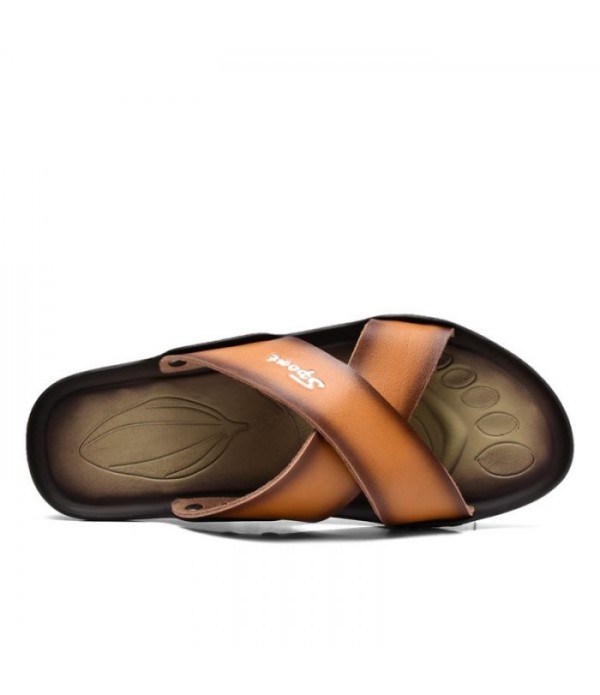 Men's Cross Strap Leather Slides Beach Sandals