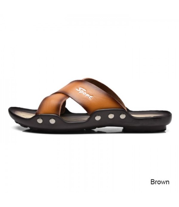 Men's Cross Strap Leather Slides Beach Sandals