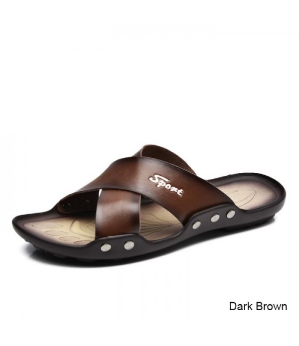 Men's Cross Strap Leather Slides Beach Sandals