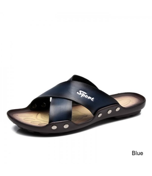 Men's Cross Strap Leather Slides Beach Sandals