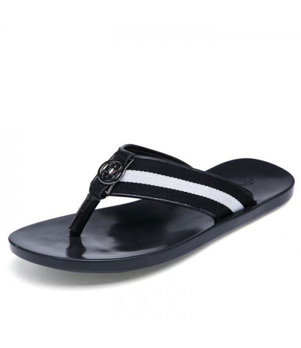 Men's Striped Leather Beach Flip Flops Thong ...