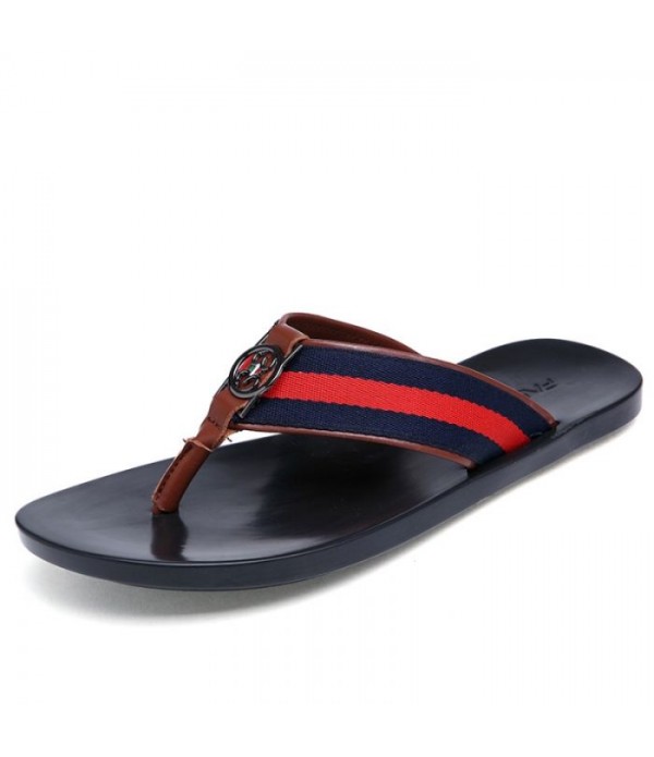 Men's Striped Leather Beach Flip Flops Thong Sandals