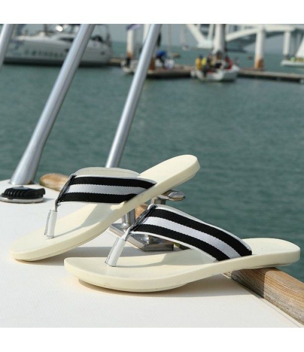 Men's Striped Leather Beach Flip Flops Thong Sandals