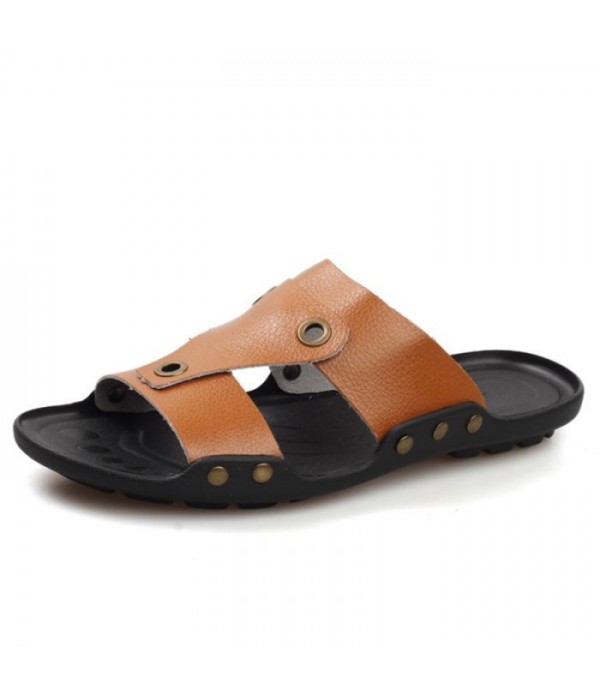 Men's Breathable Comfort Leather Slides Summer Beach Sandals