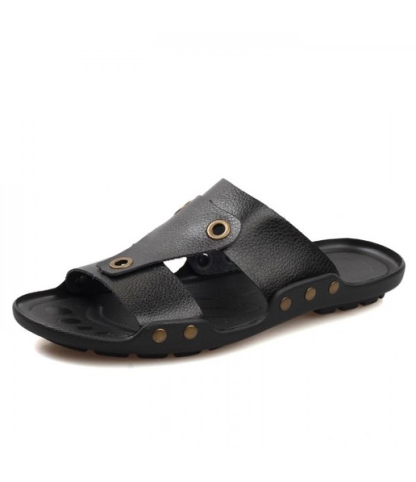 Men's Breathable Comfort Leather Slides Summer Beach Sandals