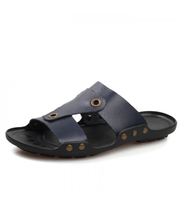 Men's Breathable Comfort Leather Slides Summer Beach Sandals