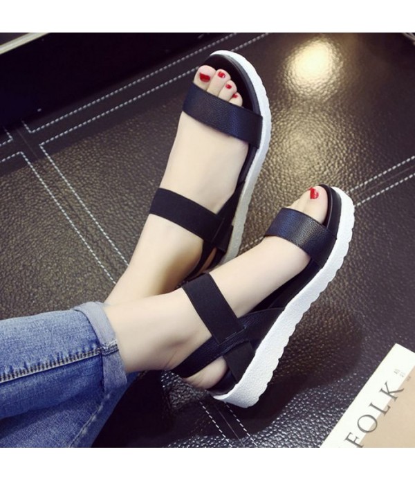 Elastic Strap Summer PU Leather Flat Platform Sandals For Women