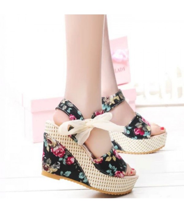 Women's Bohemia High Heel Platform Wedge Sandals with Bowknot