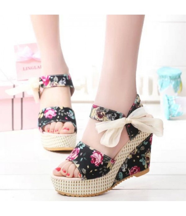 Women's Bohemia High Heel Platform Wedge Sandals with Bowknot