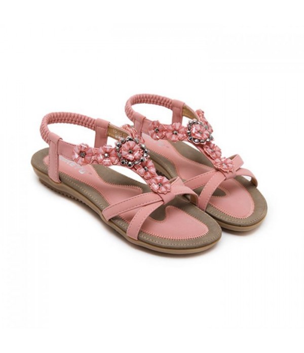 Bohemian Women Mounted Bead Decorative Flower Leisure Flat Platform Thonging Sandals