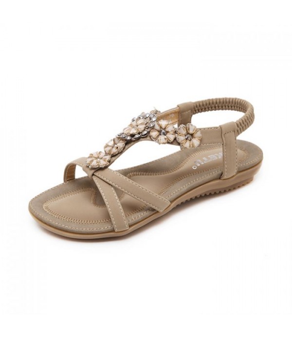 Bohemian Women Mounted Bead Decorative Flower Leisure Flat Platform Thonging Sandals