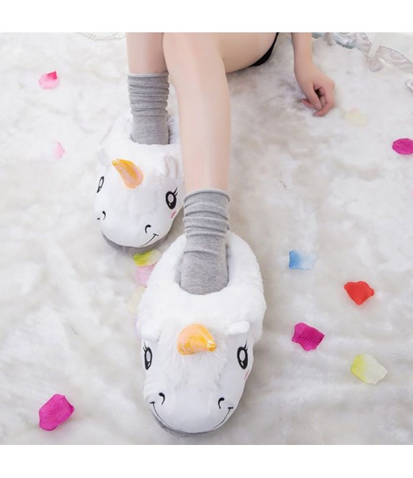 Winter Plush Unicorn Slipper One Size for Women - White